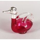 A SMALL CRANBERRY GLASS DUCK SHAPE CLARET JUG, with plated mounts. 6ins long.