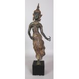 A 20TH CENTURY THAI GILT BRONZE THEPHANOM FIGURE OF A DANCER, supported on a wood cube plinth,