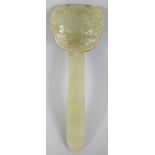 A GOOD QUALITY CHINESE CELADON JADE CARVING OF A RUYI SCEPTRE, carved in shallow relief with ducks