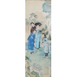 A 19TH/20TH CENTURY FRAMED CHINESE PAINTING ON SILK, depicting a lady and her attendants