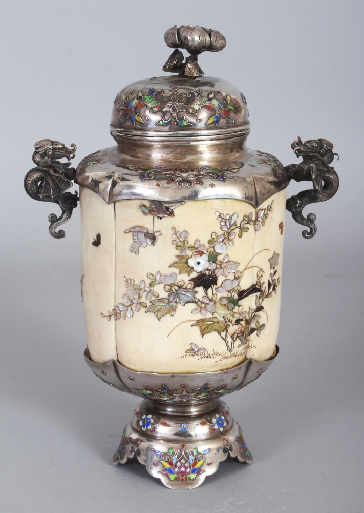 A GOOD SIGNED JAPANESE MEIJI PERIOD ENAMELLED SILVER-METAL & SHIBAYAMA IVORY VASE & COVER, the