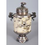 A GOOD SIGNED JAPANESE MEIJI PERIOD ENAMELLED SILVER-METAL & SHIBAYAMA IVORY VASE & COVER, the