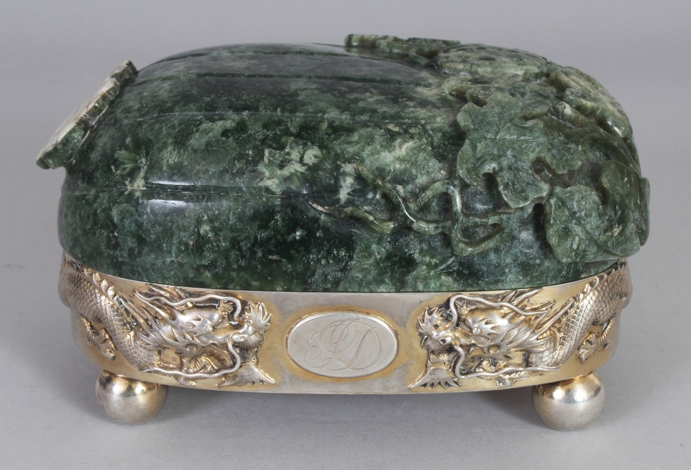 A GOOD EARLY 20TH CENTURY CHINESE SILVER & JADE OVAL BOX BY LUENWO OF SHANGHAI, the fruit form