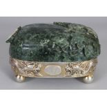 A GOOD EARLY 20TH CENTURY CHINESE SILVER & JADE OVAL BOX BY LUENWO OF SHANGHAI, the fruit form