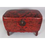 AN UNUSUAL 19TH/20TH CENTURY CHINESE RED LACQUERED BOX ON STAND, of rectangular form with rounded