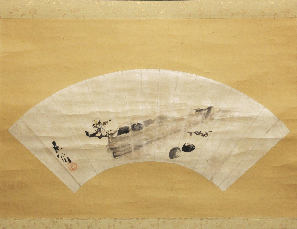 A JAPANESE MEIJI PERIOD HANGING SCROLL FAN PAINTING BY ZESHIN, with polished bone scroll ends, the