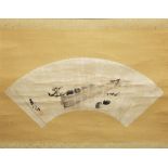 A JAPANESE MEIJI PERIOD HANGING SCROLL FAN PAINTING BY ZESHIN, with polished bone scroll ends, the