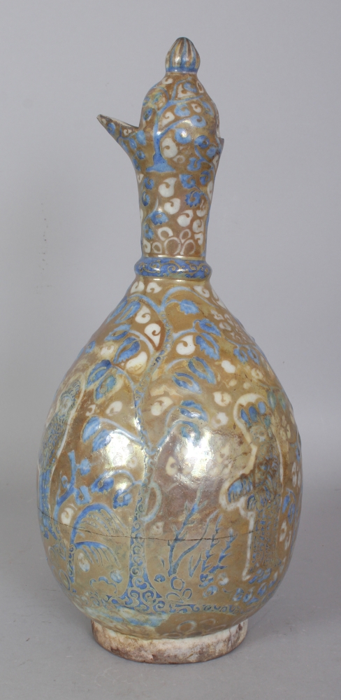 A PERSIAN SAFAVID LUSTRE GLAZED POTTERY EWER, 17th Century or later, decorated in slightly moulded