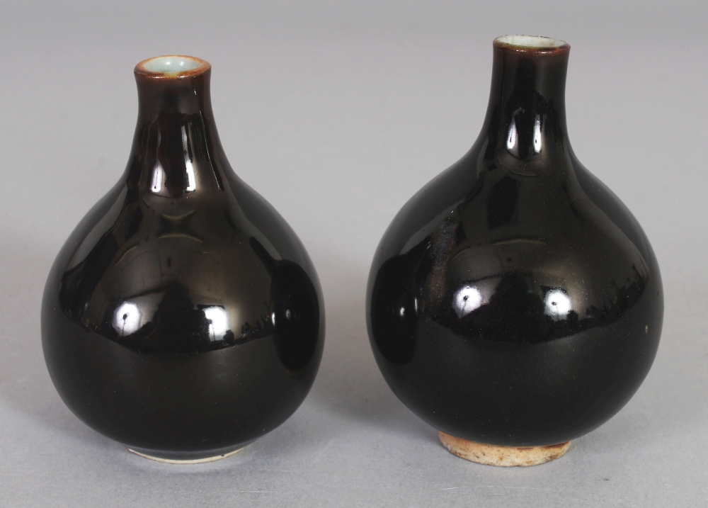 A GOOD PAIR OF 18TH CENTURY CHINESE MONOCHROME MINIATURE PORCELAIN VASES, each applied with a dark - Bild 2 aus 5