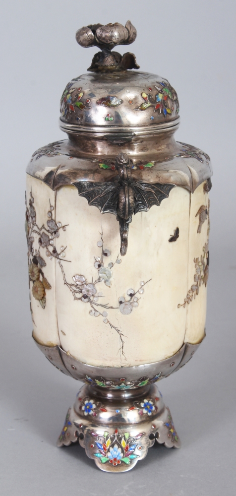 A GOOD SIGNED JAPANESE MEIJI PERIOD ENAMELLED SILVER-METAL & SHIBAYAMA IVORY VASE & COVER, the - Image 2 of 10