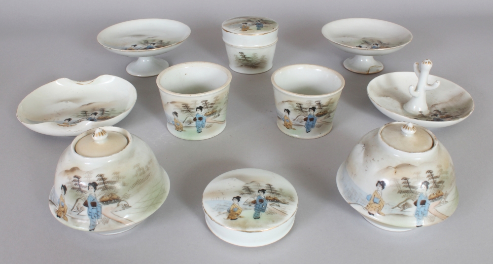 A GROUP OF EARLY 20TH CENTURY JAPANESE ENAMEL DECORATED MATCHING PORCELAIN ITEMS, (13 incl covers).