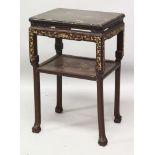 AN EARLY 20TH CENTURY JAPANESE LACQUERED WOOD RECTANGULAR STAND OR SMALL TABLE, with undertier, 17.