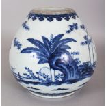 AN 18TH CENTURY CHINESE MING STYLE QIANLONG MARK & PERIOD BLUE & WHITE PORCELAIN VASE, the sloping