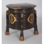 A JAPANESE MEIJI PERIOD LACQUER STORAGE BOX, with engraved coppered bronze fittings, supported on