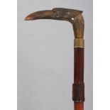 A HORN HANDLED BAMBOO WALKING STICK, with a metal collar, the handle carved in the form of a bird'