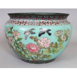 A LARGE JAPANESE MEIJI PERIOD TURQUOISE GROUND CLOISONNE JARDINIERE, 11.75in wide at widest