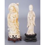 TWO SMALL 19TH/20TH CENTURY CHINESE IVORY FIGURES, on fixed wood stands, one depicting Budai, the