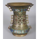 AN EARLY 20TH CENTURY JAPANESE CHAMPLEVE & POLISHED BRONZE BEAKER VASE, of archaic form and