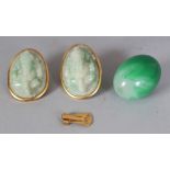 A PAIR OF LARGE CHINESE APPLE-GREEN JADE-LIKE HARDSTONE EARRINGS, in gilt-metal mounts, each clasp