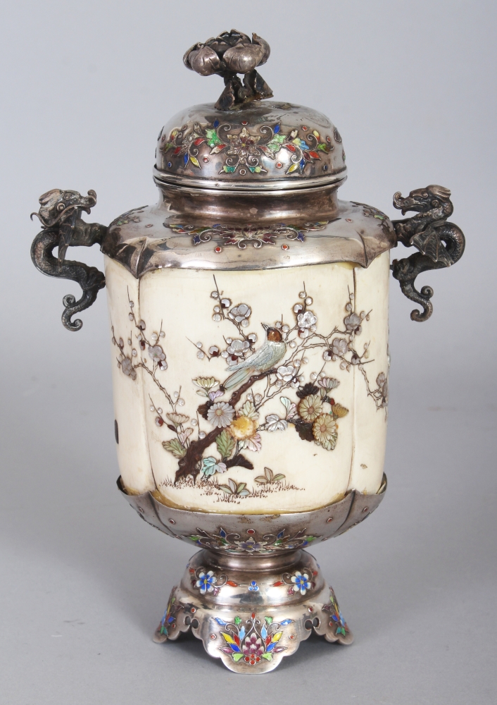 A GOOD SIGNED JAPANESE MEIJI PERIOD ENAMELLED SILVER-METAL & SHIBAYAMA IVORY VASE & COVER, the - Image 3 of 10