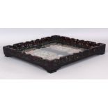 A GOOD QUALITY 19TH CENTURY CHINESE HARDWOOD TRAY, incorporating a pair of silk embroideries, the