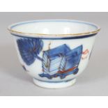 A CHINESE KANGXI PERIOD BLUE & WHITE PORCELAIN TEABOWL, some details in iron-red, 2.3in diameter &