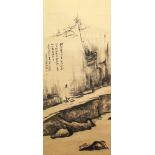 A CHINESE HANGING SCROLL PICTURE ON PAPER, depicting a sage walking in a rocky landscape, the