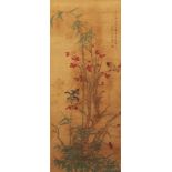 A CHINESE HANGING SCROLL PICTURE ON SILK, depicting birds and bamboo, the picture itself approx.