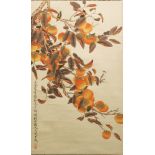 ANOTHER CHINESE HANGING SCROLL PICTURE ON PAPER, depicting in vivid colours a hanging branch of