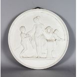 A ROYAL COPENHAGEN WHITE PORCELAIN CIRCULAR PLAQUE, classic scene with garlands, marked in blue,