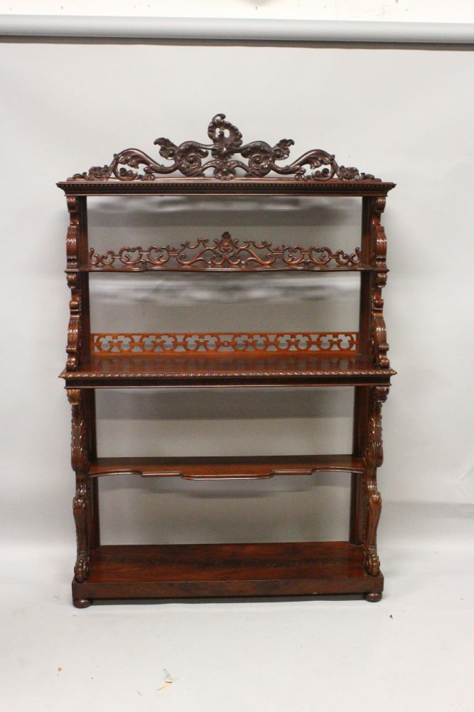 A SUPERB PAIR OF LATE REGENCY MAHOGANY STANDING OPEN BOOKCASES, with open backs three tiers with - Image 3 of 3