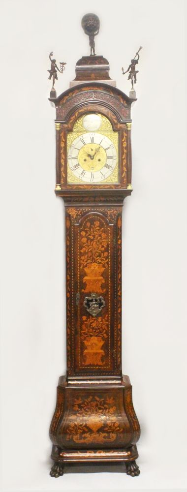 A GOOD LARGE 18TH CENTURY DUTCH MARQUETRY LONG CASE CLOCK, the movement by ARCHIE LAWRIE,