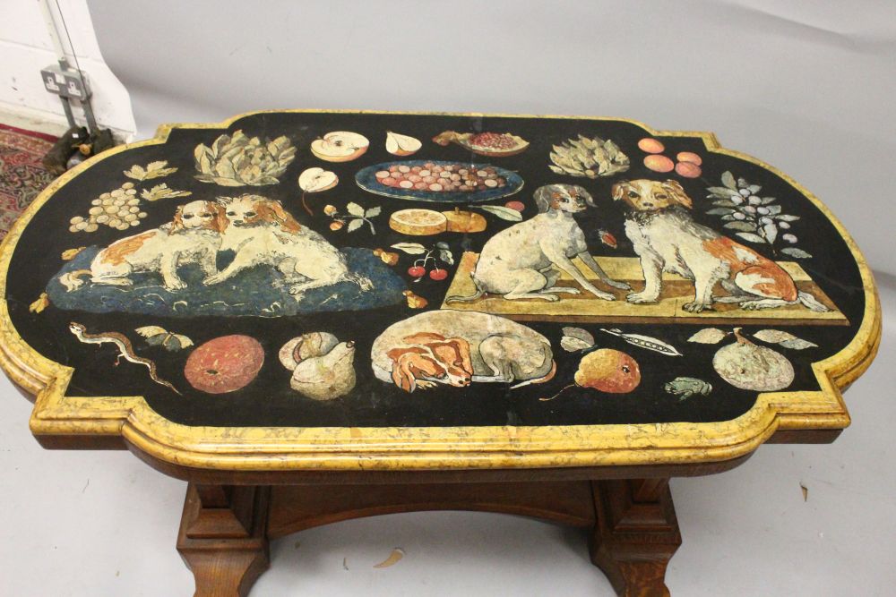 A RARE EARLY 19TH CENTURY ITALIAN SCAGLIOLA MARBLE TOP, the top inlaid with dogs, fruit, - Image 2 of 6