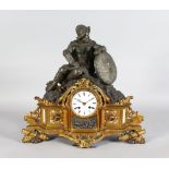 A 19TH CENTURY FRENCH ORMOLU AND SPELTER MANTLE CLOCK, the movement striking on a bell with white