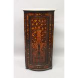 A 19TH CENTURY DUTCH MAHOGANY AND MARQUETRY BOWFRONT STANDING CORNER CUPBOARD, with grey marble