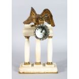 A 19TH CENTURY FRENCH WHITE MARBLE COLUMN CLOCK, with a brass eagle holding a watch sphere. 14in
