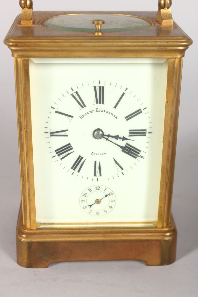 A GOOD FRENCH BRASS CARRIAGE CLOCK, striking on a gong, with enamel dial, signed Robert Pleissner, - Image 3 of 4