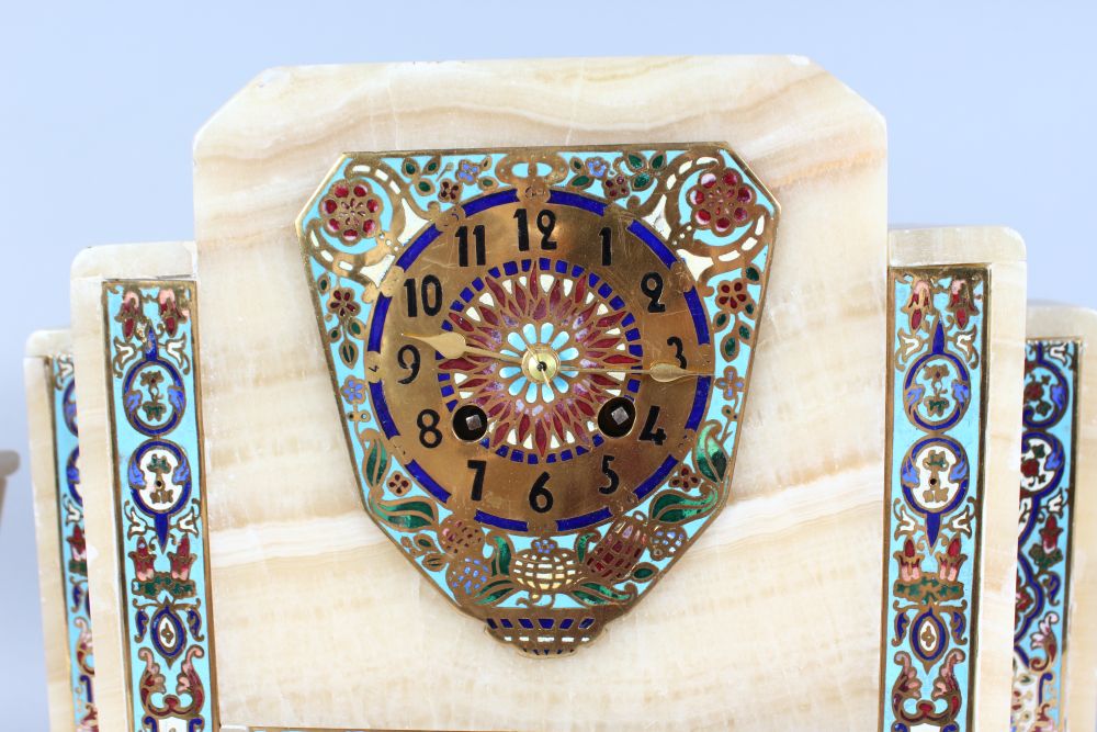 A SUPERB ART DECO CHAMPLEVE ENAMEL AND MARBLE THREE PIECE CLOCK SET CIRCA 1920, the case of - Image 4 of 4