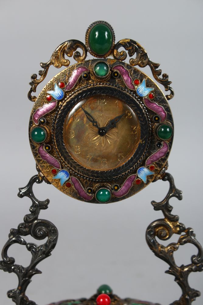 A SUPERB FRENCH SILVER GILT TABLE CLOCK, the case inset with cabouchon stones and enamel flowers, - Image 2 of 4