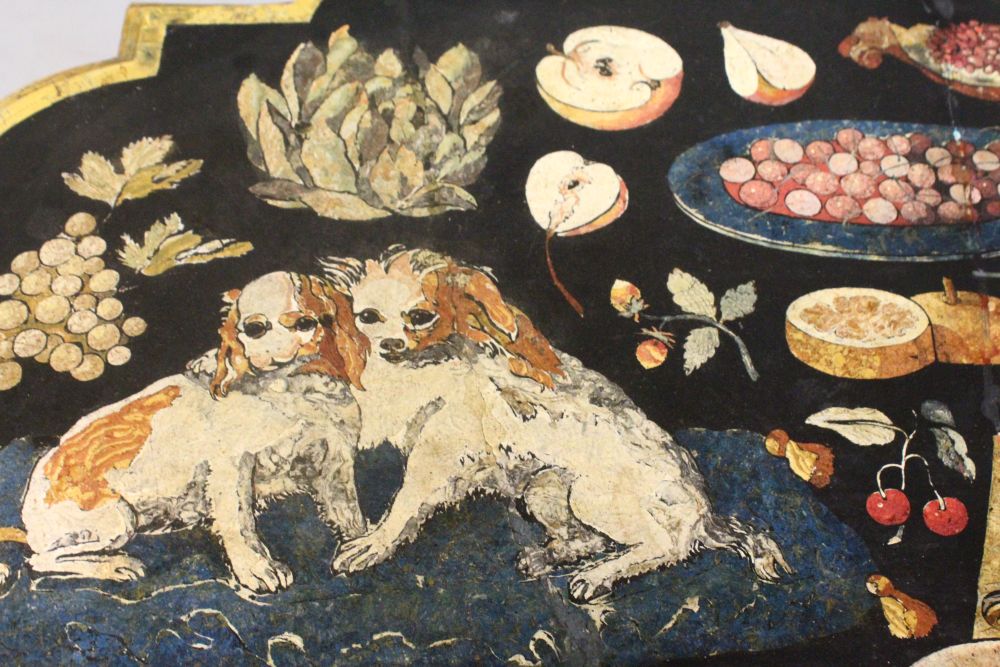 A RARE EARLY 19TH CENTURY ITALIAN SCAGLIOLA MARBLE TOP, the top inlaid with dogs, fruit, - Image 3 of 6