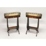 A PAIR OF 20TH CENTURY MAHOGANY SIDE TABLES, with brass galleried oval marble tops, each with a