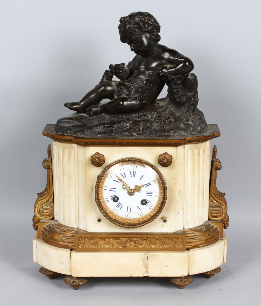 A 19TH CENTURY FRENCH WHITE MARBLE, BRONZE AND ORMOLU CLOCK , with circular dial, blue and white