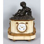 A 19TH CENTURY FRENCH WHITE MARBLE, BRONZE AND ORMOLU CLOCK , with circular dial, blue and white
