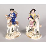 A PAIR OF SAMSON "DERBY" FIGURES, COBBLER & HIS WIFE RIDING GOATS, Derby mark in gold 6in high