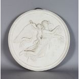 A ROYAL COPENHAGEN WHITE PORCELAIN CIRCULAR PLAQUE, classical scene with winged figures, cupdi and