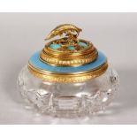 A RARE RUSSIAN FABERGE DESIGN CUT GLASS CIRCULAR CAVIAR BOWL with silver and enamel lid with