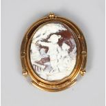 A GOOD LARGE VICTORIAN OVAL CAMEO BROOCH, a young boy and girl beneath a tree