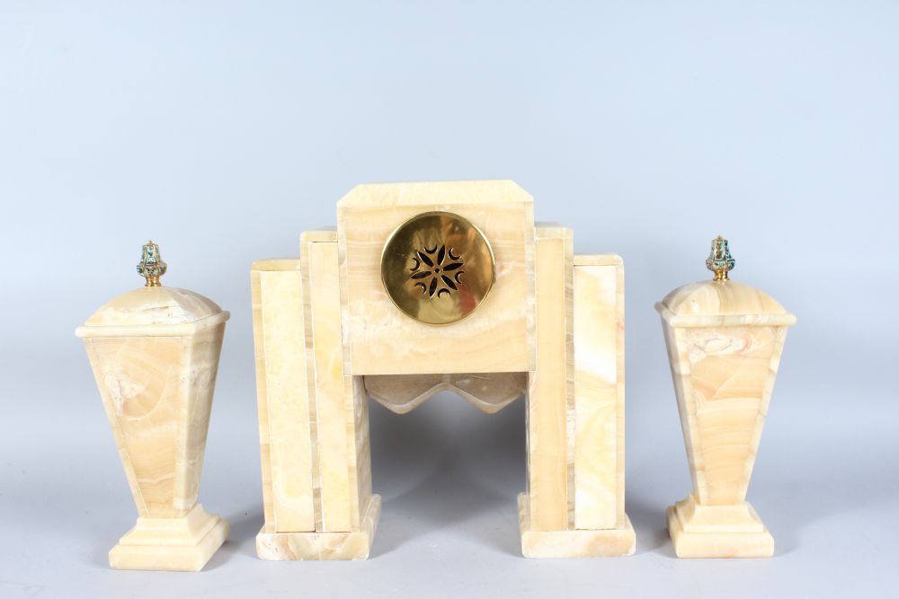 A SUPERB ART DECO CHAMPLEVE ENAMEL AND MARBLE THREE PIECE CLOCK SET CIRCA 1920, the case of - Image 2 of 4