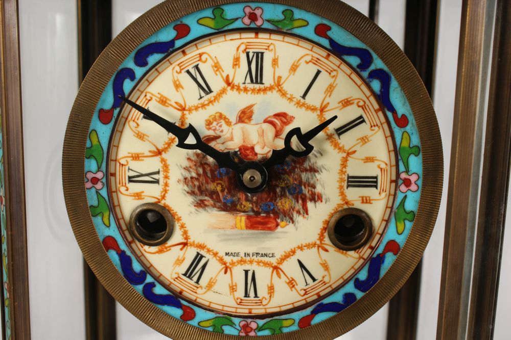 AN UNUSUAL, LARGE CHAMPLEVE ENAMEL FOUR GLASS CLOCK, of pagoda form, with decoratively painted dial, - Image 2 of 3