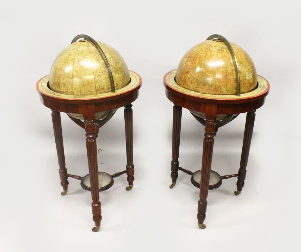 A VERY GOOD PAIR OF EIGHTEEN INCH MALBY & SONS TERRESTRIAL AND CELESTIAL GLOBES, on mahogany